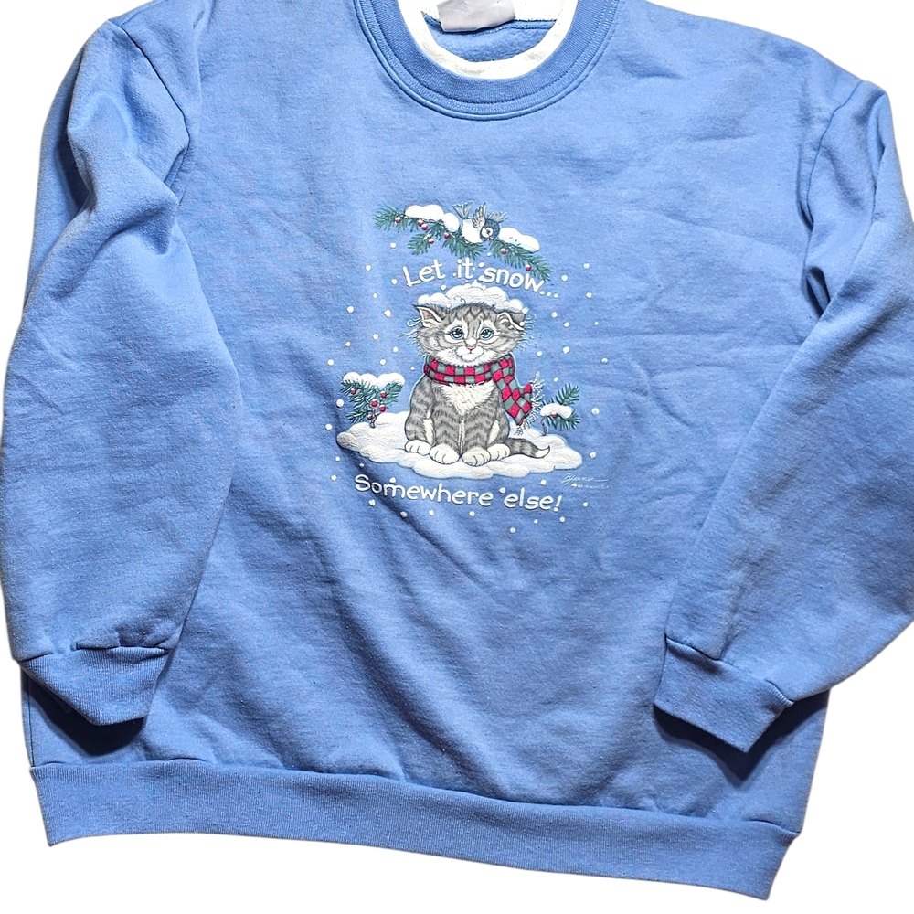 Vintage Retro Crewneck Sweathirt Blue Cat Snow Christmas Petite Winter Puffy